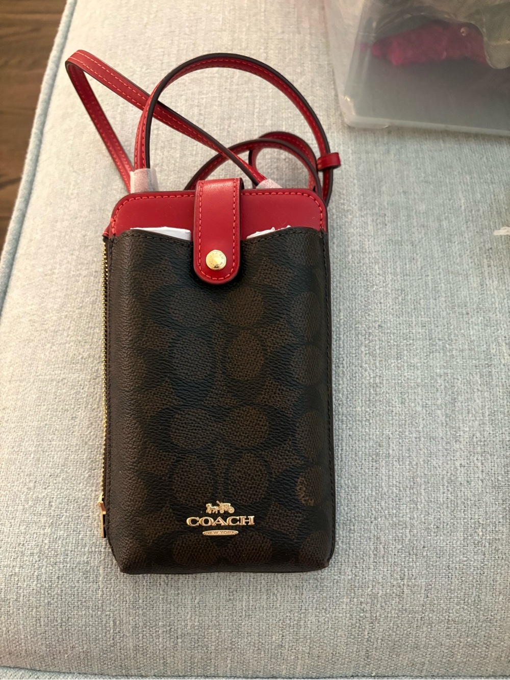 Coach Signature Crossbody Phone Pouch in Brown & Red